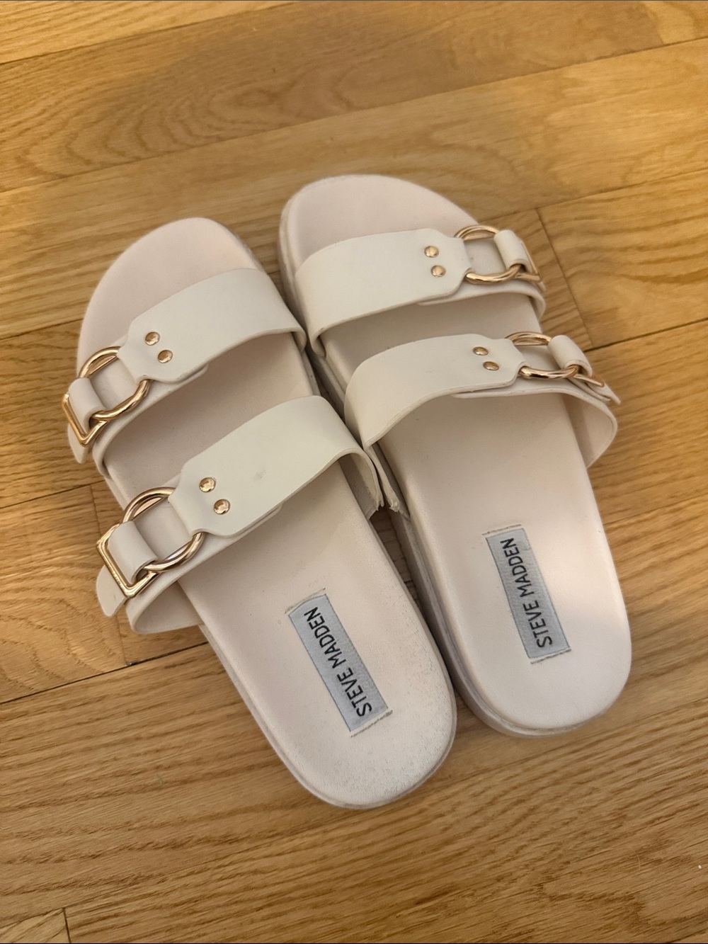 Steve Madden Cream Double-Buckle Slide Sandals with Gold Hardware